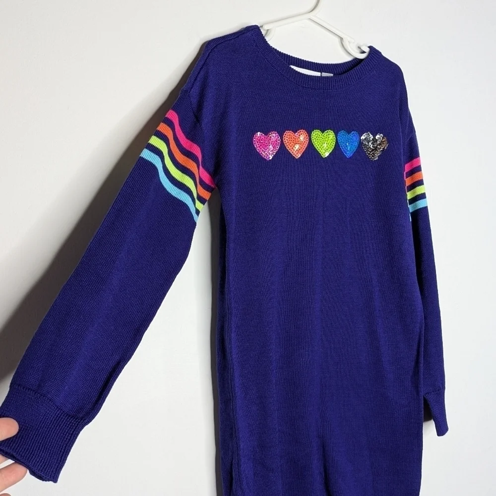 NWT Children's Place Blue Rainbow Striped Sequin Heart Sweater Dress 5/6